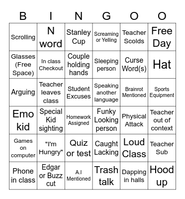 School-day Bingo Card