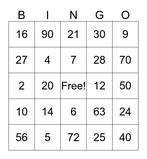 Tafels Bingo Card