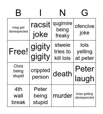 Family guy Bingo Card