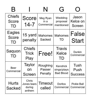 Superbowl 2025 Bingo Card