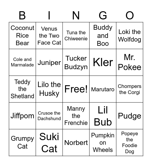 Animal Influencers (past and present) Bingo Card
