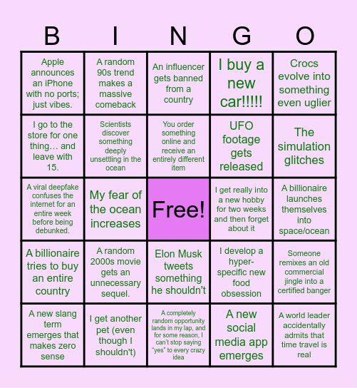 Bethany's 2025 Predictions Bingo Card