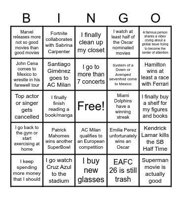 Axel's 2025 prediction Bingo Card
