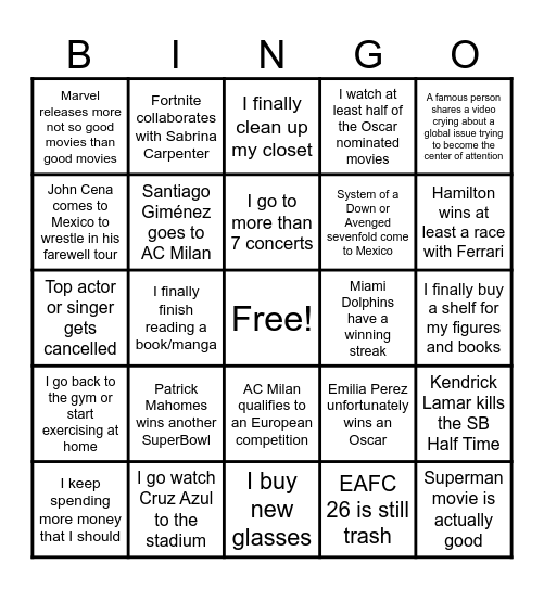 Axel's 2025 prediction Bingo Card