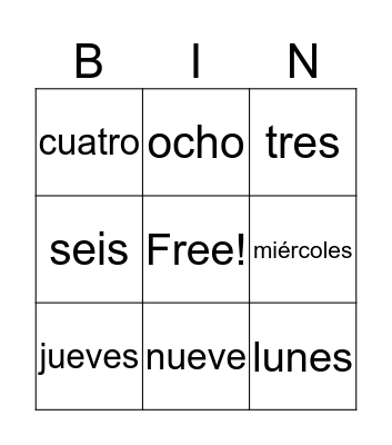 Los números y los días de la semana Bingo Card