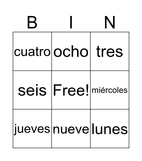 Los números y los días de la semana Bingo Card