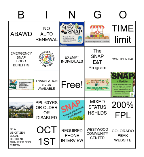 OH SNAP Bingo Card