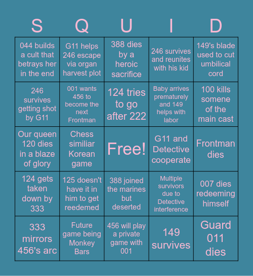 SQUID GAME PREDICTIONS Bingo Card