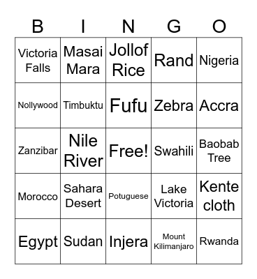 African Geography & Culture Bingo Card