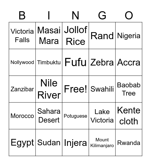 African Geography & Culture Bingo Card