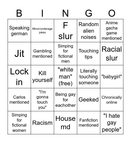 the racist gay ppl Bingo Card