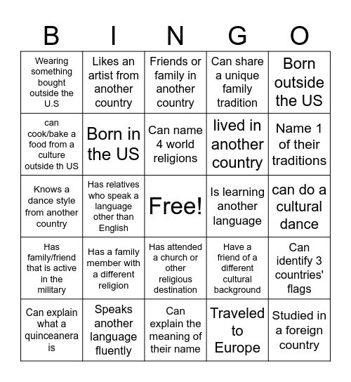 Culture Bingo Card