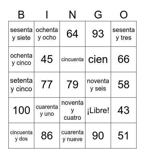 Los Números (30-100) Bingo Card
