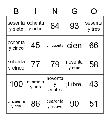 Los Números (30-100) Bingo Card