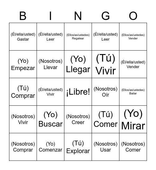 Pretérito Bingo Card