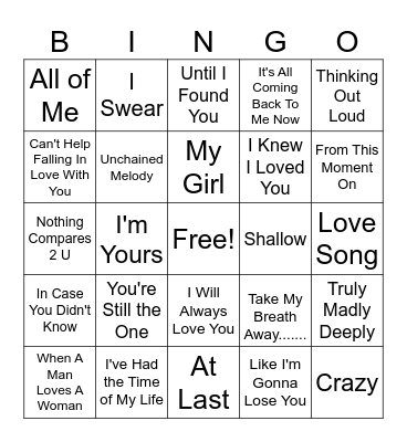 Love Song #1 Bingo Card