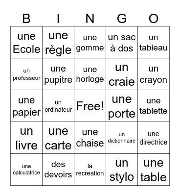 French School Supplies Bingo Card
