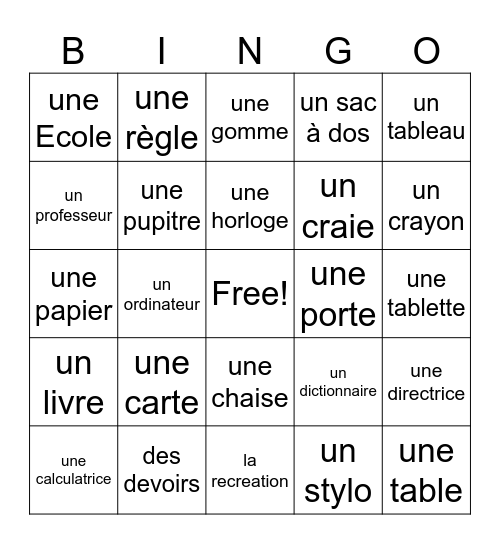 French School Supplies Bingo Card