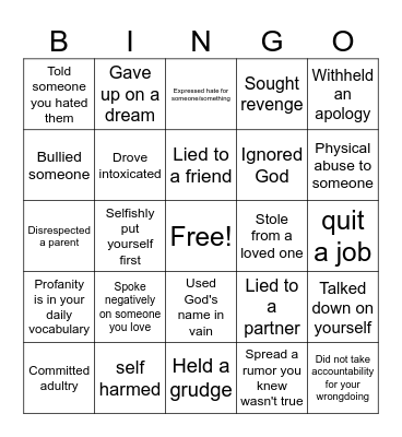 Forgiveness Bingo Card