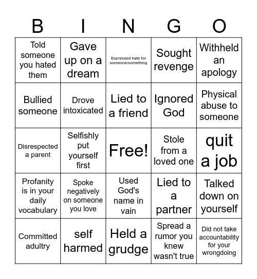 Forgiveness Bingo Card