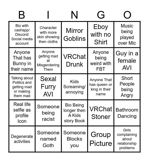 VR Chat Bingo Card