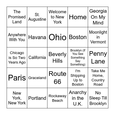 Songs About Places Bingo Card