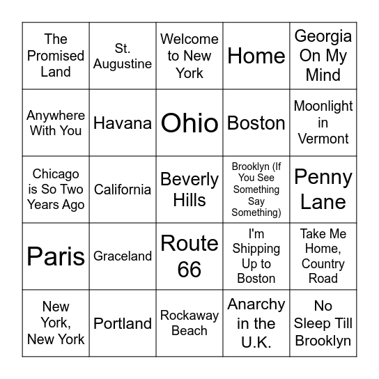 Songs About Places Bingo Card
