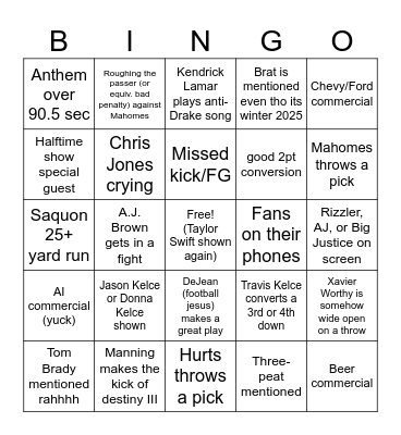 Superbowl 2025 Bingo Card