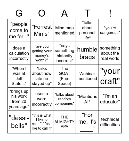 GOAT Bingo!!! Bingo Card