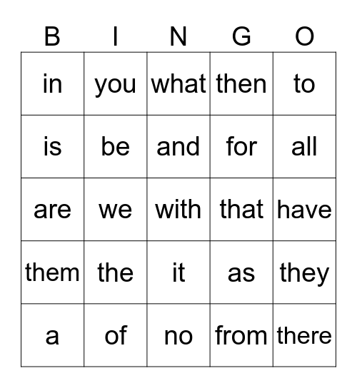 Power Words Bingo Card