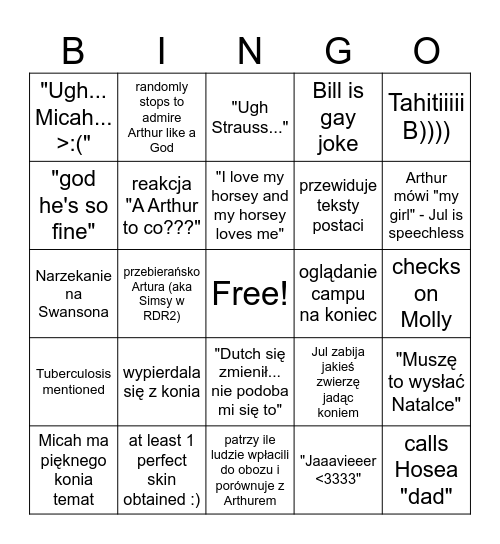 Red Dead Fabuła Bingo Card