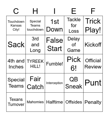 KC CHIEFS Bingo Card