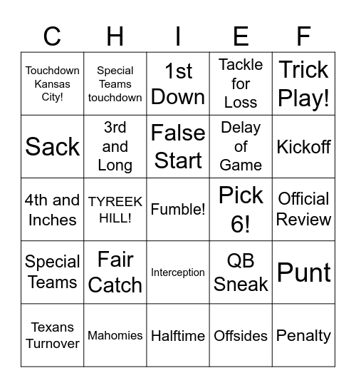 KC CHIEFS Bingo Card