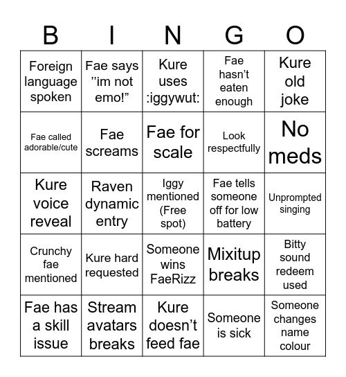 Fae bingo Card