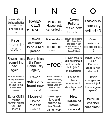 Raven Creation Post-Hiatus Bingo Card