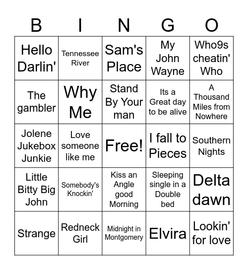 Country Music Bingo Card