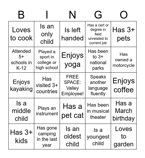 Valley BINGO Card