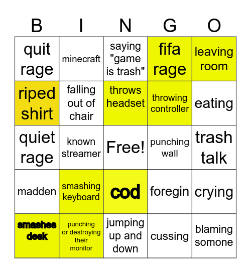 gamer rage bingo Card