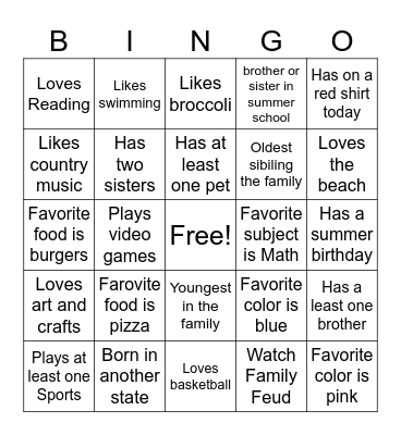 All About Me Bingo Card