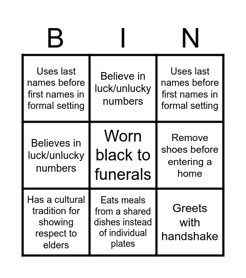 Cultural Practices Bingo Card