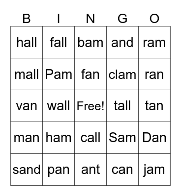 all, am, an BINGO Card