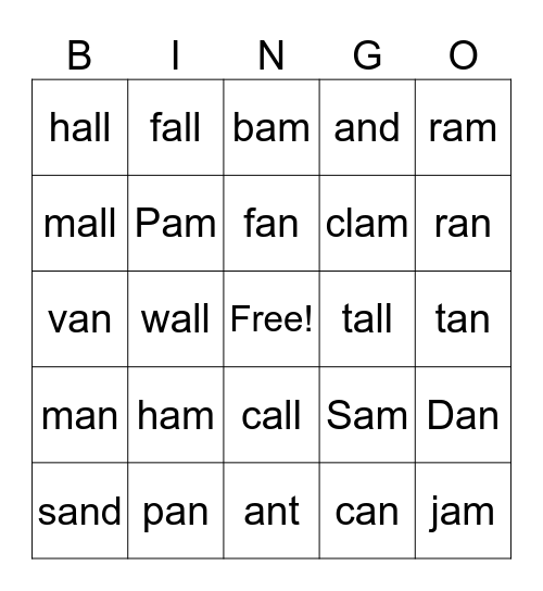 all, am, an BINGO Card