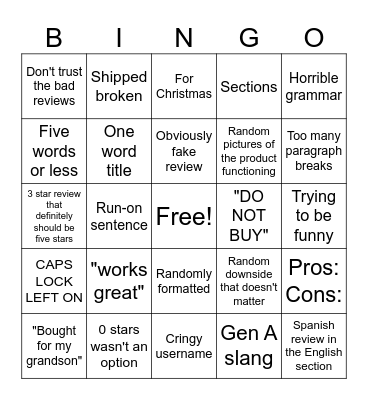 Amazon Review Bingo Card