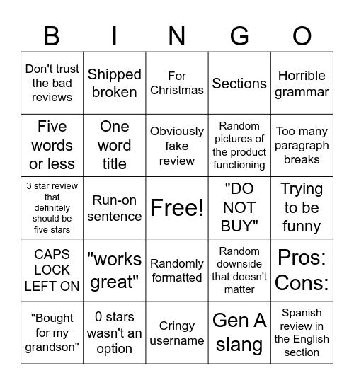 Amazon Review Bingo Card