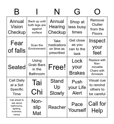 Fall Prevention Bingo Card