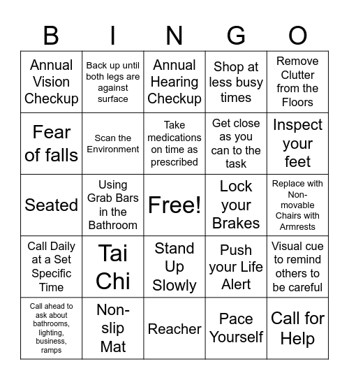 Fall Prevention Bingo Card