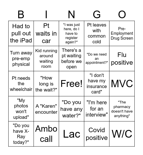Expresscare Front Desk Bingo Card
