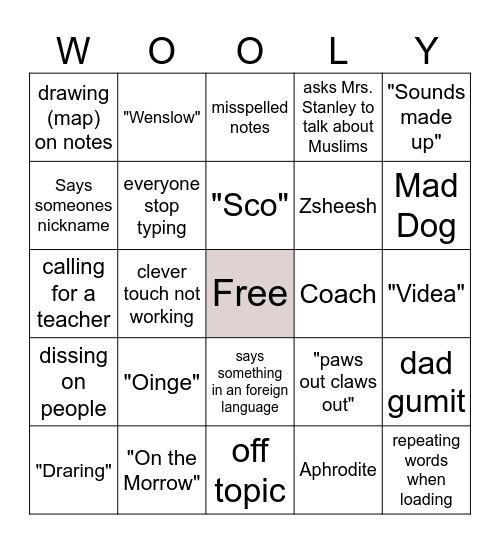 Mr. Woolace Bingo Card Bingo Card