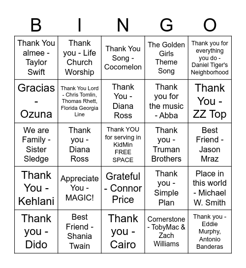 KidMin Music Bingo Card