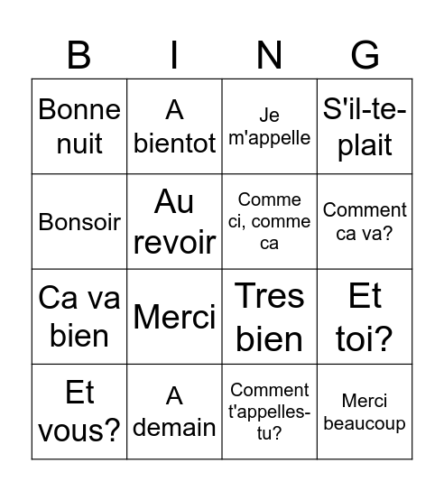 Les Salutations Bingo Card